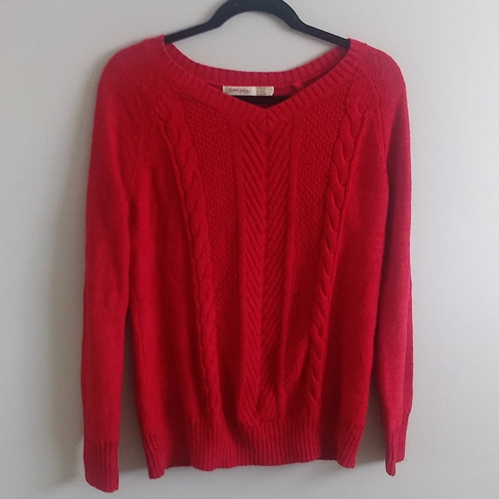 Red sweater with glitter threaded throughout